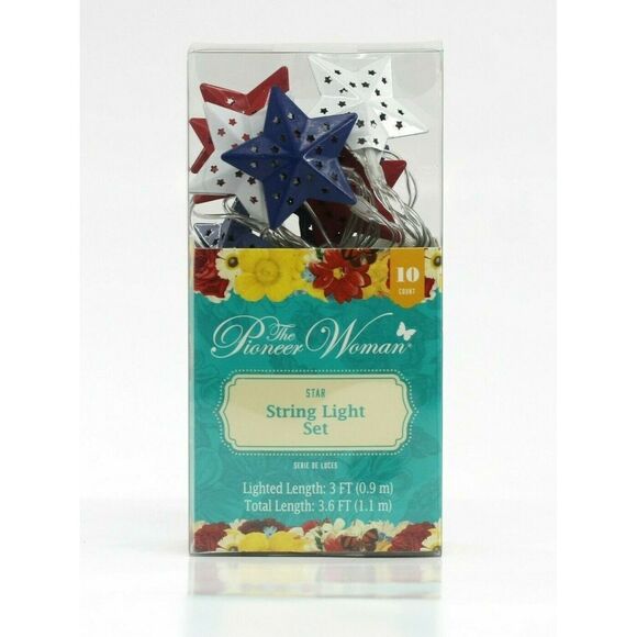 Pioneer Woman Patriotic Stars LED String Lights 10-pc Red White Blue Metal Timer - Picture 1 of 4